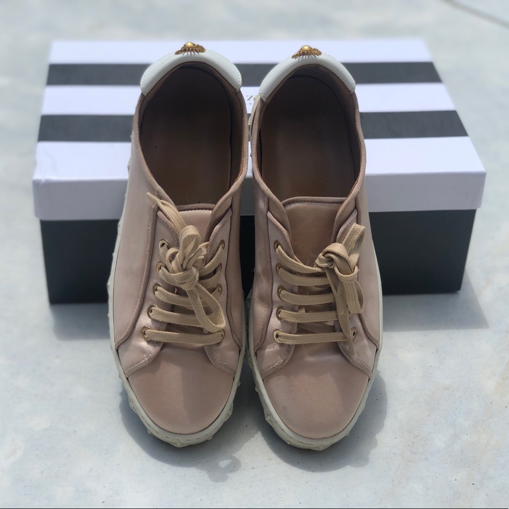 Aquazzura L.A Leather-Trimmed Appliqud Satin Sneakers In Powder Pink